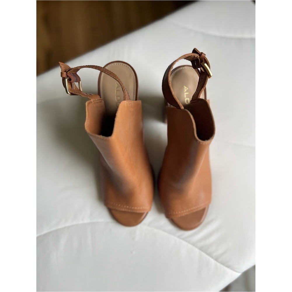 ALDO Brown Leather Open Toe Slingback Block Heel Ankle Strap Buckle US 9 - Picture 3 of 9